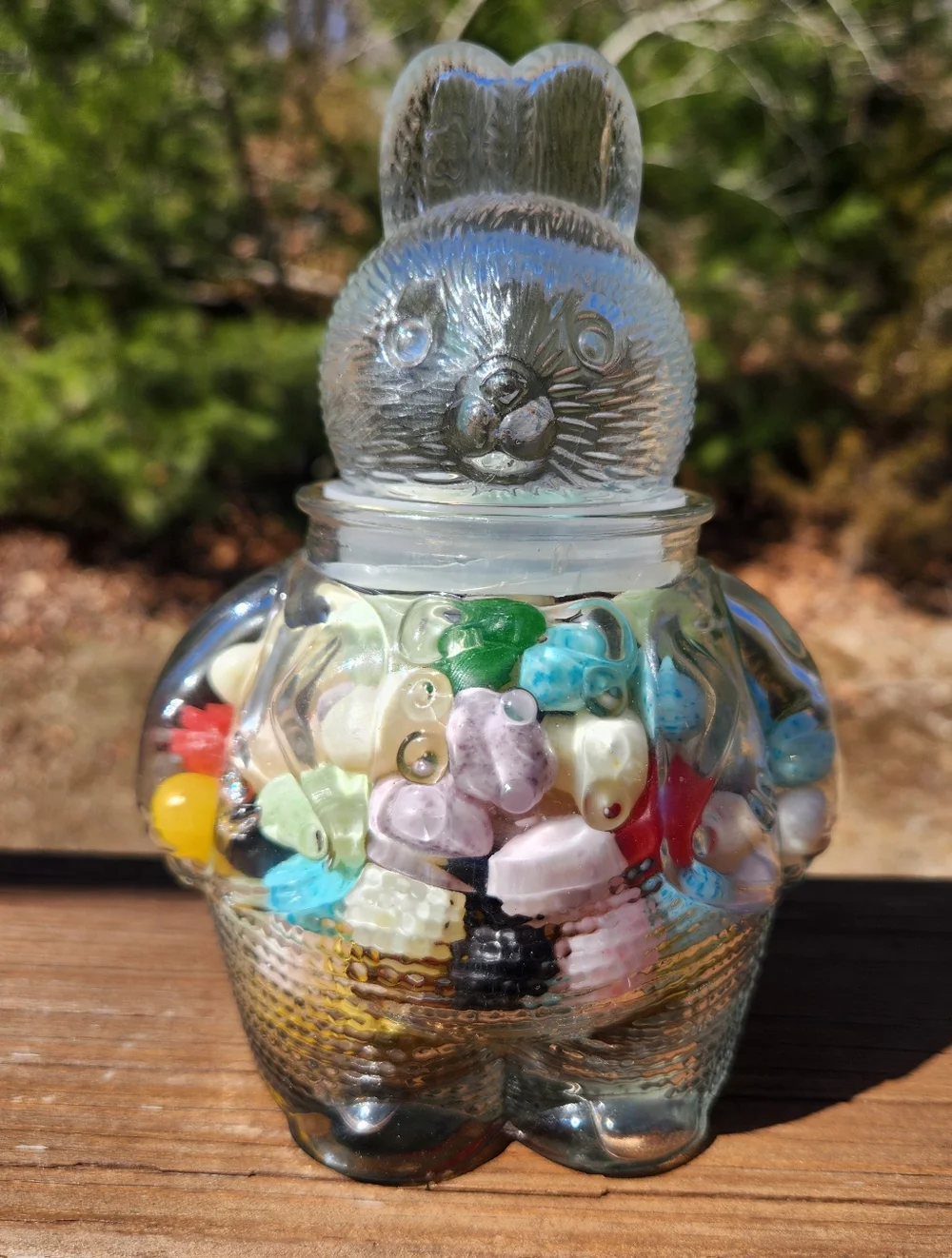 Vintage Clear Pressed Glass Chubby Bunny Rabbit Two Piece Candy Jar